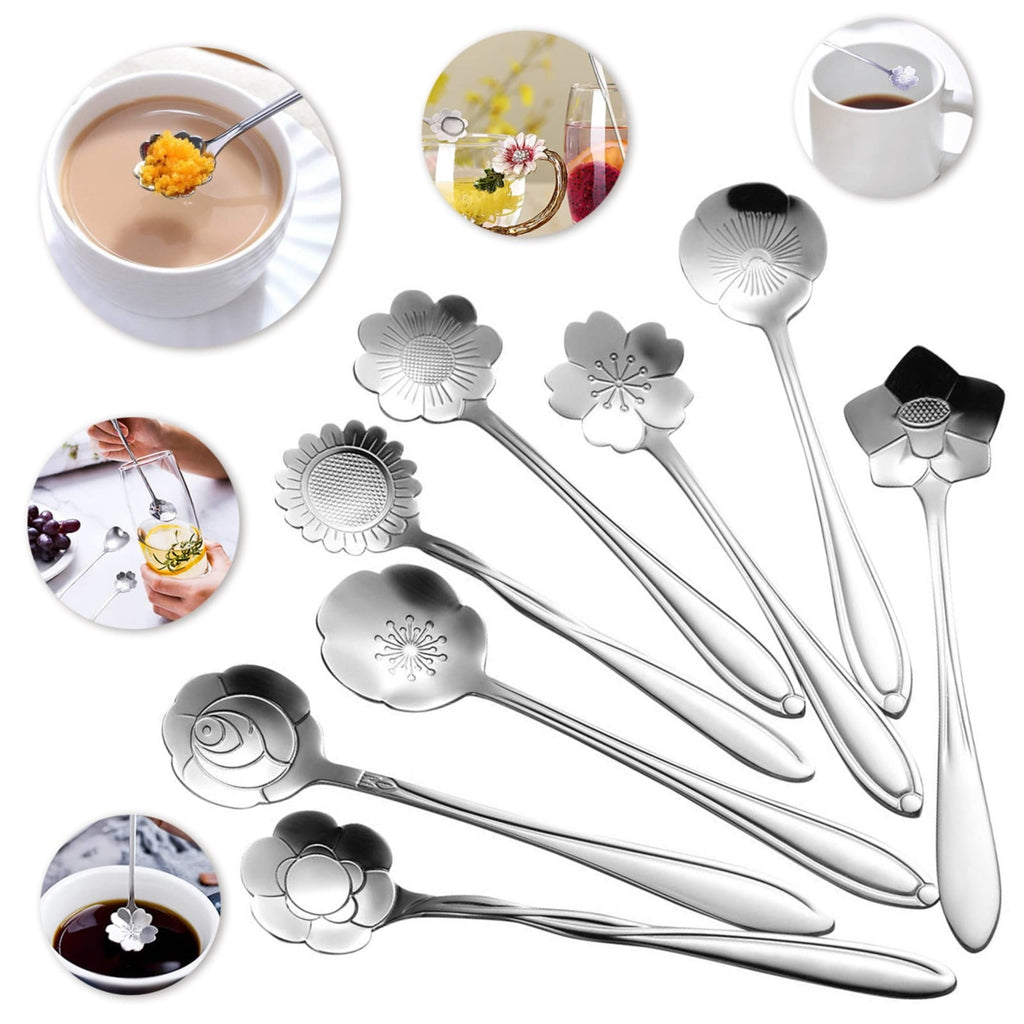JWDX Cooking Utensils Clearance, Flower Spoon Set 8Pcs Stainless Teaspoon Rainbow Color for Coffee Tea Mixing Sugar Ice Stir Bar Spoons 8 Diffient Pattern Colorful Cutlery Set Kitchen Tool Gif As shown