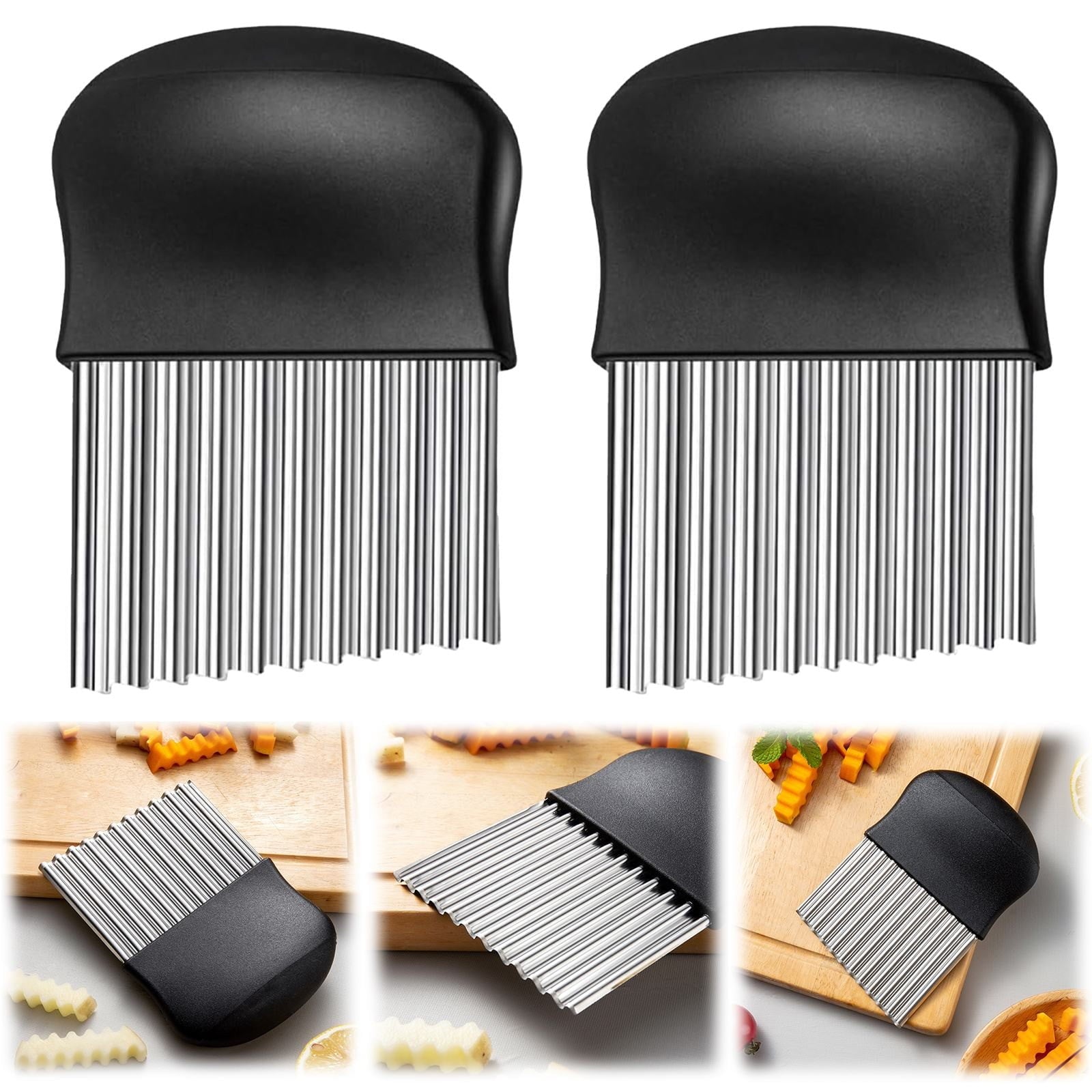 JWDX Crinkle Chopper, 2Pc Wavy Potato Soap Cutting Tool French Fry Slicer Stainless Steel Blade Wooden Handle Serrator Chopping Knife Z1-B