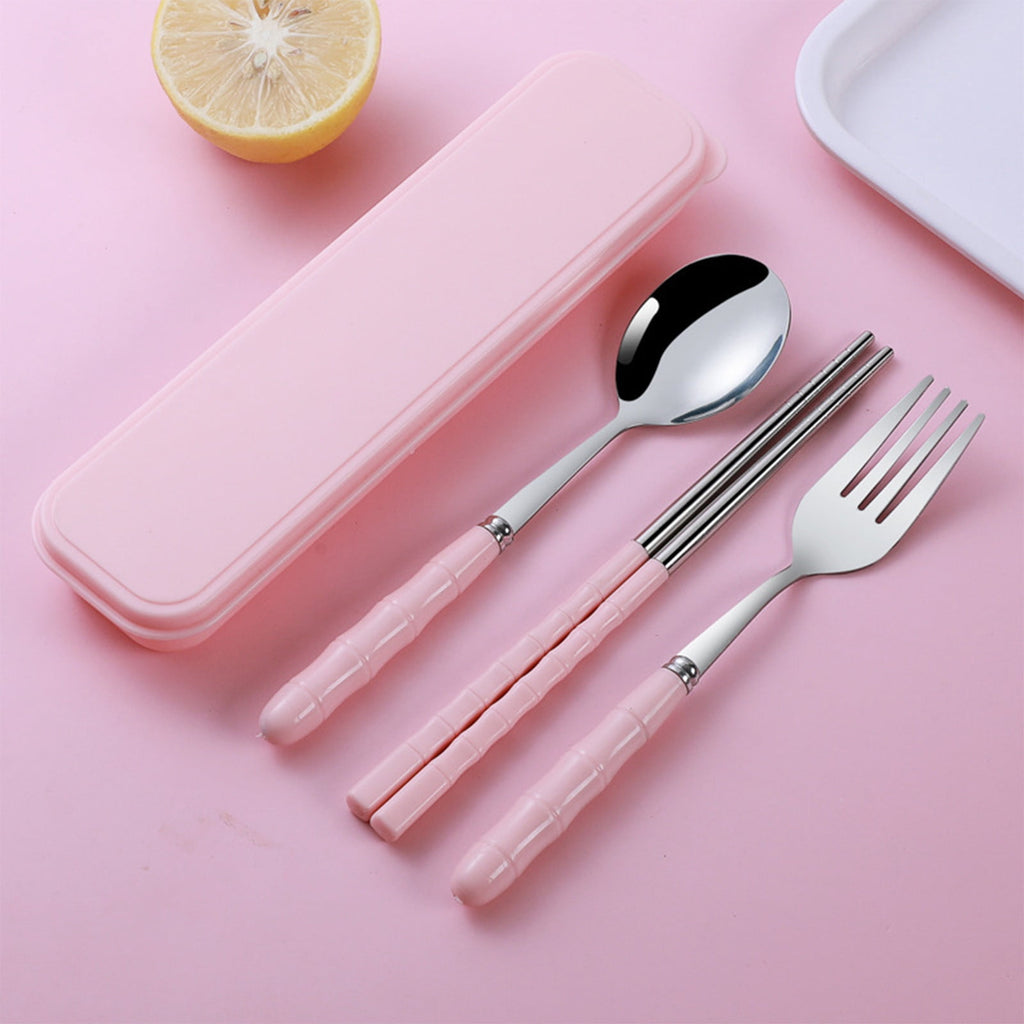Stainless Steel Portable Cutlery Set with Case - Spoon Fork Chopsticks Utensil Kit for Office School Picnic Travel Bento Lunch, Pink