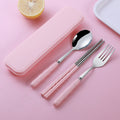 Stainless Steel Portable Cutlery Set with Case - Spoon Fork Chopsticks Utensil Kit for Office School Picnic Travel Bento Lunch, Pink