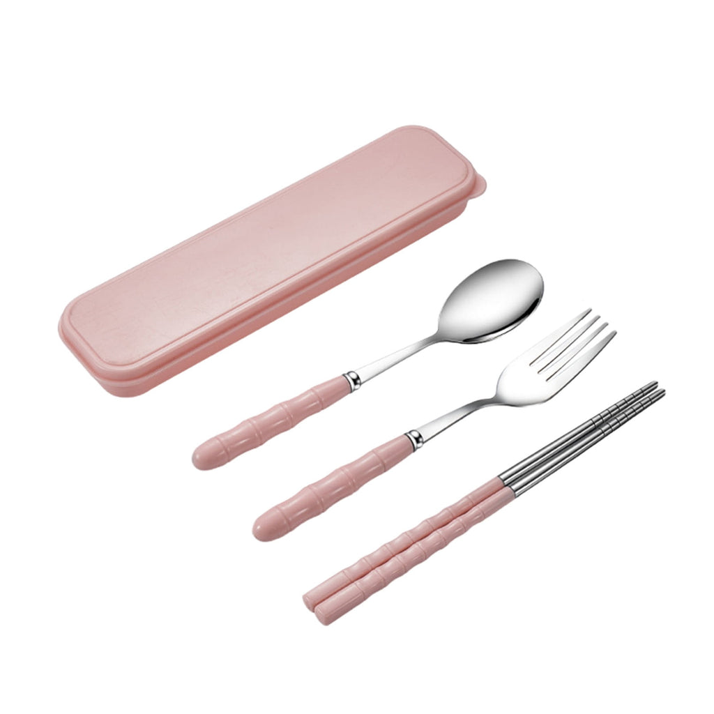 Stainless Steel Portable Cutlery Set with Case - Spoon Fork Chopsticks Utensil Kit for Office School Picnic Travel Bento Lunch, Pink