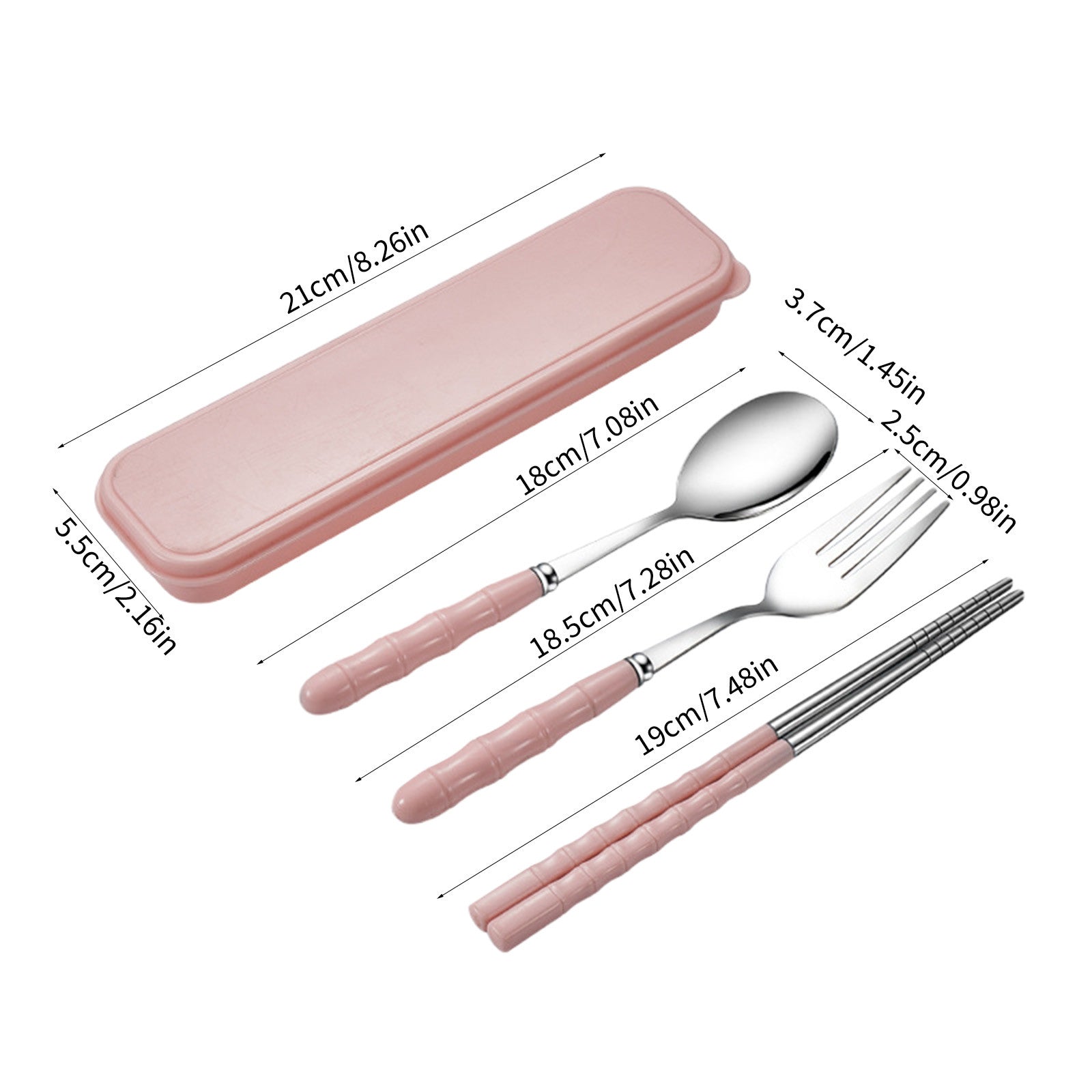 Stainless Steel Portable Cutlery Set with Case - Spoon Fork Chopsticks Utensil Kit for Office School Picnic Travel Bento Lunch, Pink