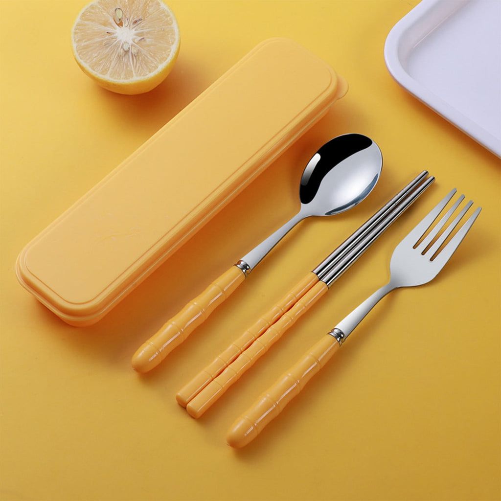Stainless Steel Portable Cutlery Set with Case - Spoon Fork Chopsticks Utensil Kit for Office School Picnic Travel Bento Lunch, Yellow