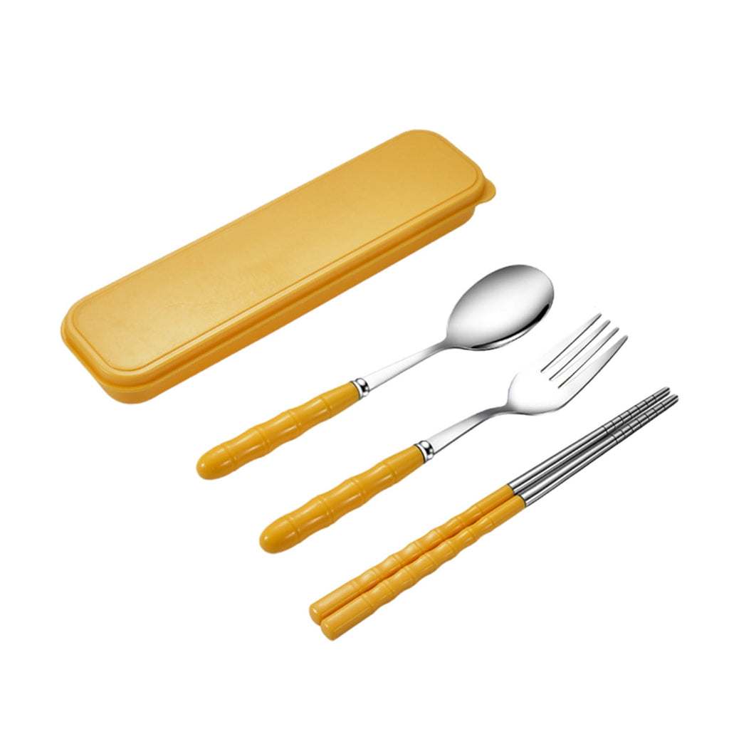 Stainless Steel Portable Cutlery Set with Case - Spoon Fork Chopsticks Utensil Kit for Office School Picnic Travel Bento Lunch, Yellow