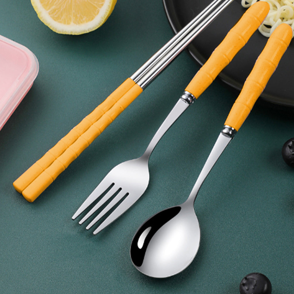 Stainless Steel Portable Cutlery Set with Case - Spoon Fork Chopsticks Utensil Kit for Office School Picnic Travel Bento Lunch, Yellow
