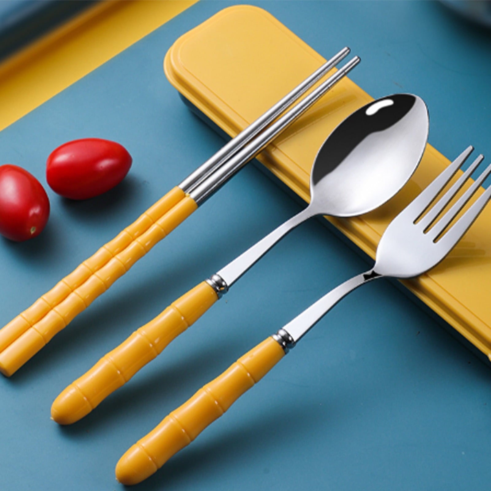 Stainless Steel Portable Cutlery Set with Case - Spoon Fork Chopsticks Utensil Kit for Office School Picnic Travel Bento Lunch, Yellow