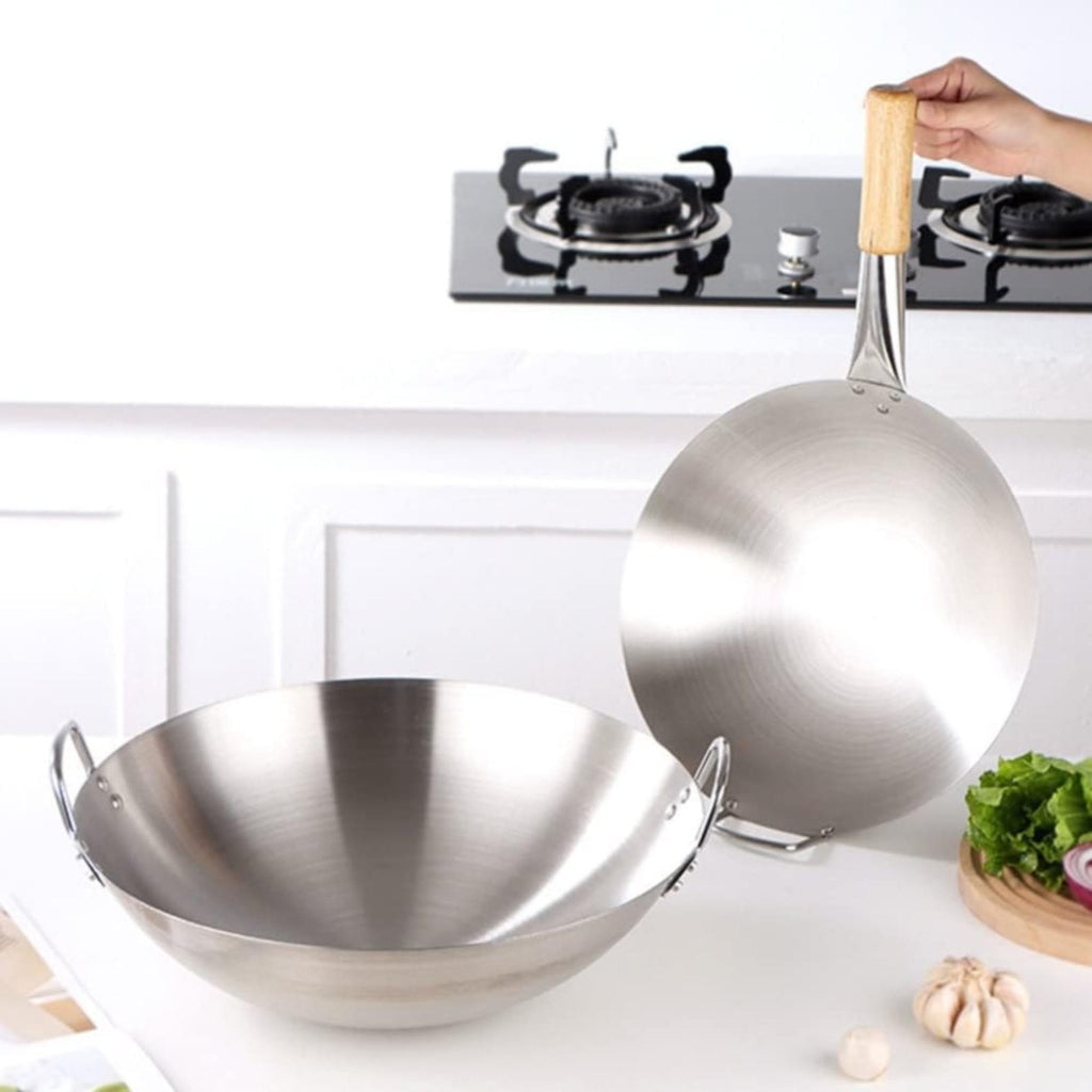 Double Handle Wok, Heavy Duty Stainless Steel Wok Fry Pan, Large Capacity Saute Pan, Multipurpose Stewpot Skillet for Gas & Electric Cooktops, 11.0 Inches 11.0" Grey