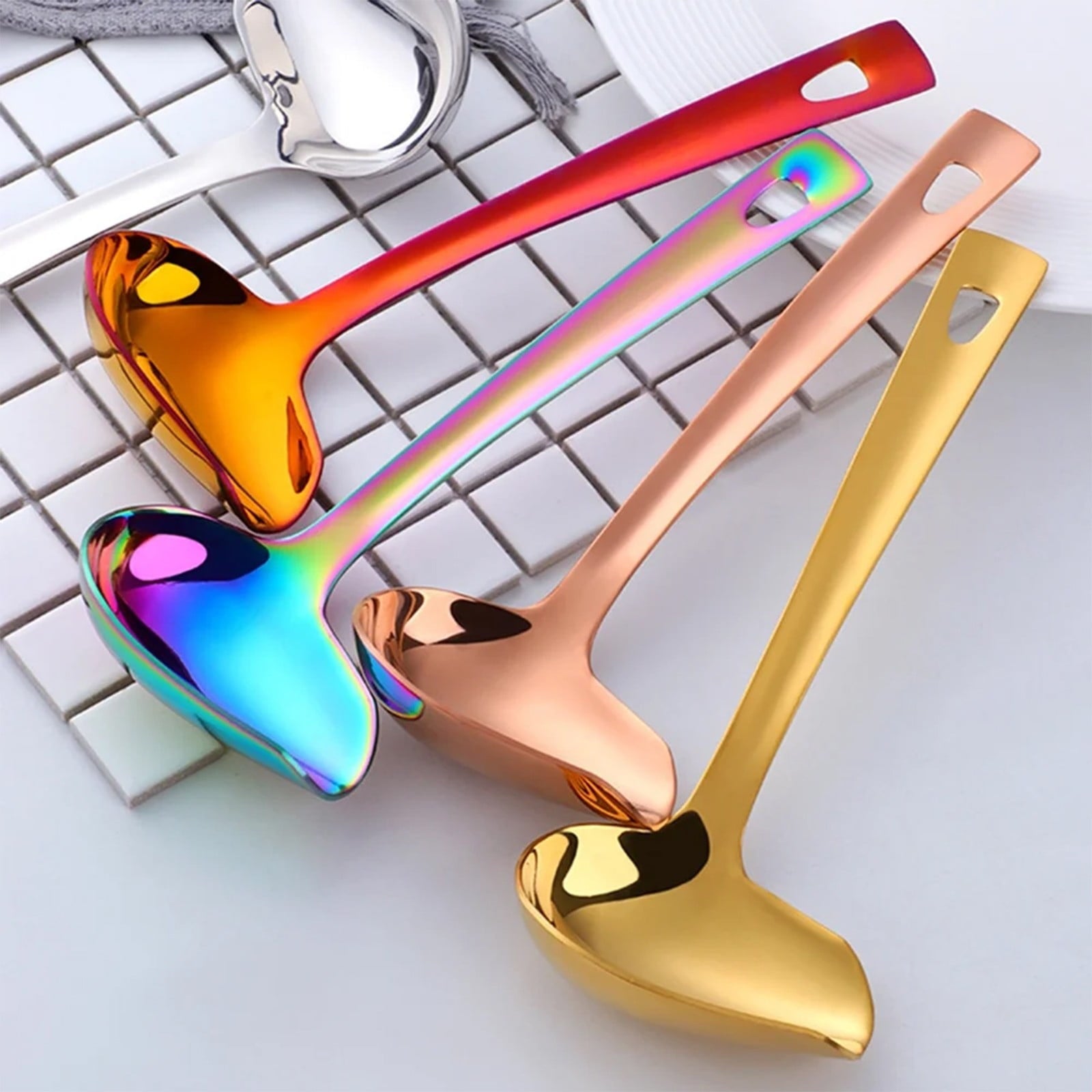 1 Pcs Small Soup Ladle,Stainless Steel Small Ladle With Pour Spout,9.45 Inch Soup Spoons,Kitchen Soup Laddle,Metal Spoon For Soups, Serving, Cooking, Stews And More,Kitchen Utensil,Z_Silver Gold