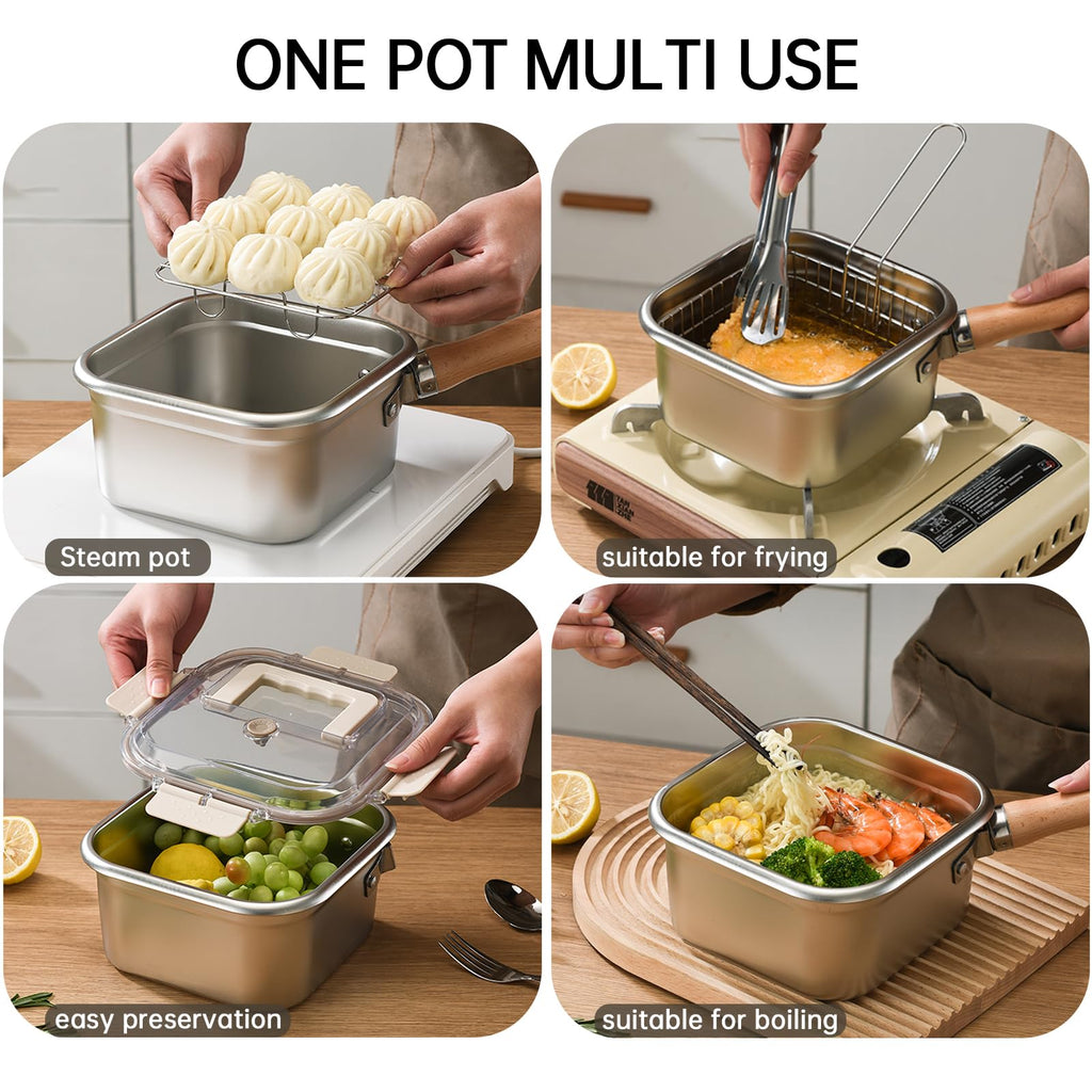 Induction Saucepan - Mini Deep Fryer - Milk Pan - Square Cooking Pot - Stainless Steel