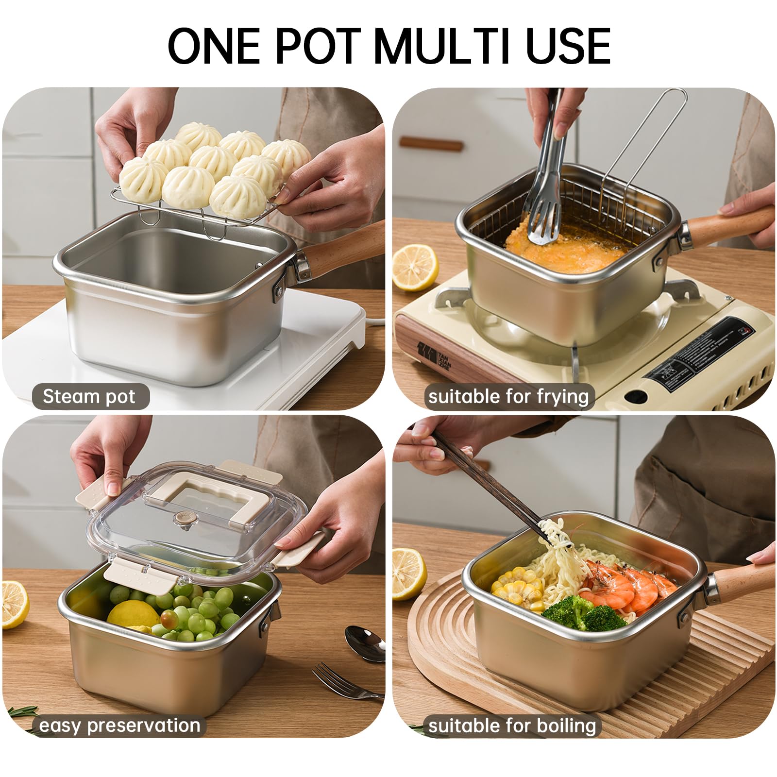 Induction Saucepan - Mini Deep Fryer - Milk Pan - Square Cooking Pot - Stainless Steel