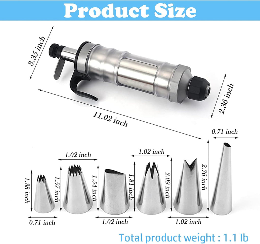 Stainless Steel Piping Tip Set including whipping syringe and various nozzles for cake decorating.