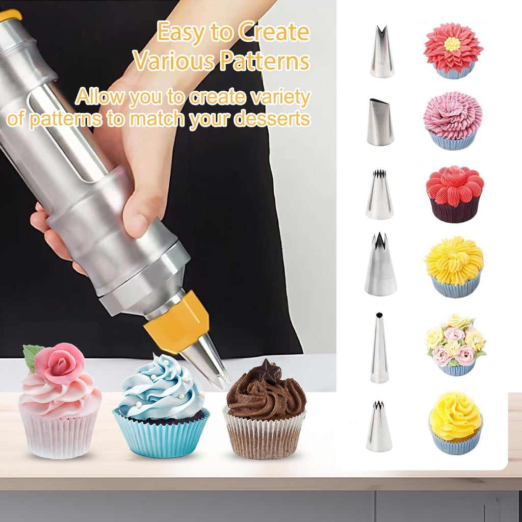 Stainless Steel Piping Tip Set including whipping syringe and various nozzles for cake decorating.