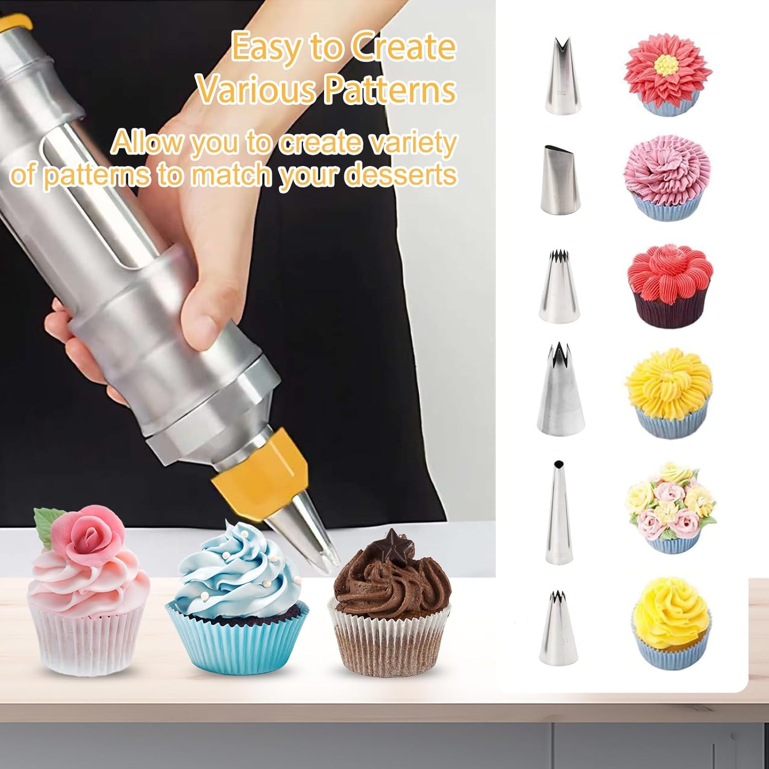 Stainless Steel Piping Tip Set including whipping syringe and various nozzles for cake decorating.