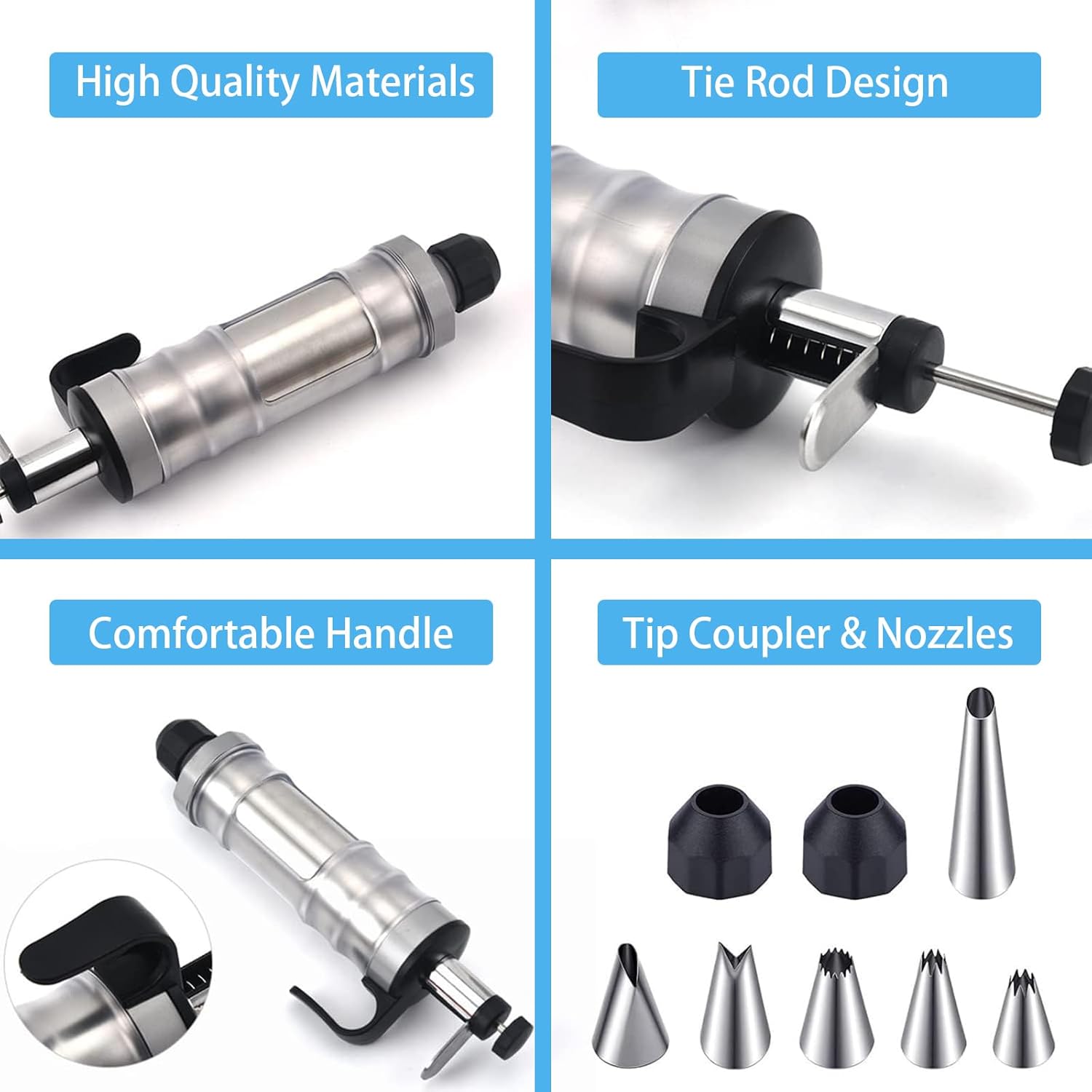Stainless Steel Piping Tip Set including whipping syringe and various nozzles for cake decorating.
