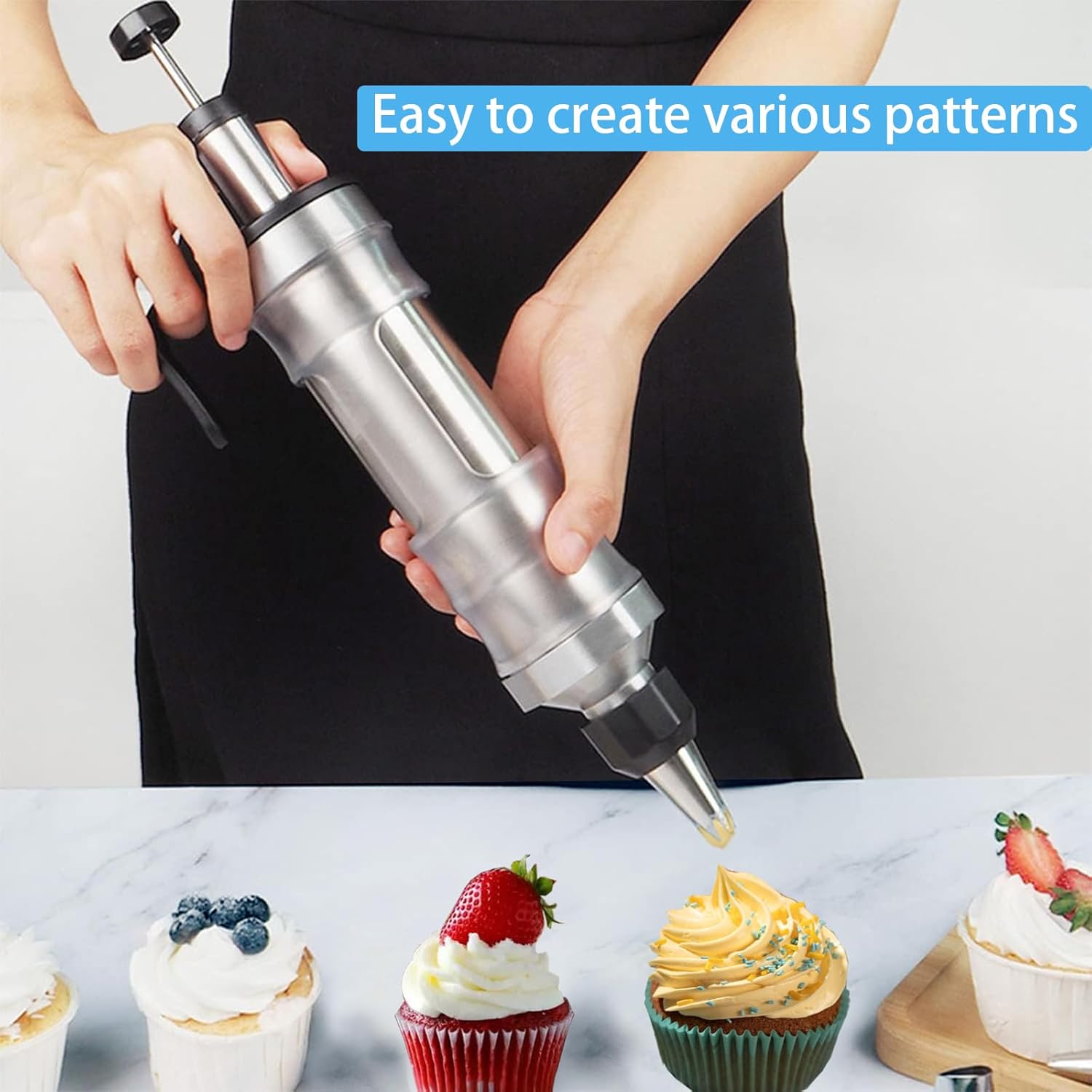 Stainless Steel Piping Tip Set including whipping syringe and various nozzles for cake decorating.