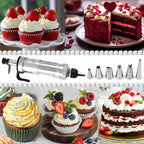 Stainless Steel Piping Tip Set including whipping syringe and various nozzles for cake decorating.