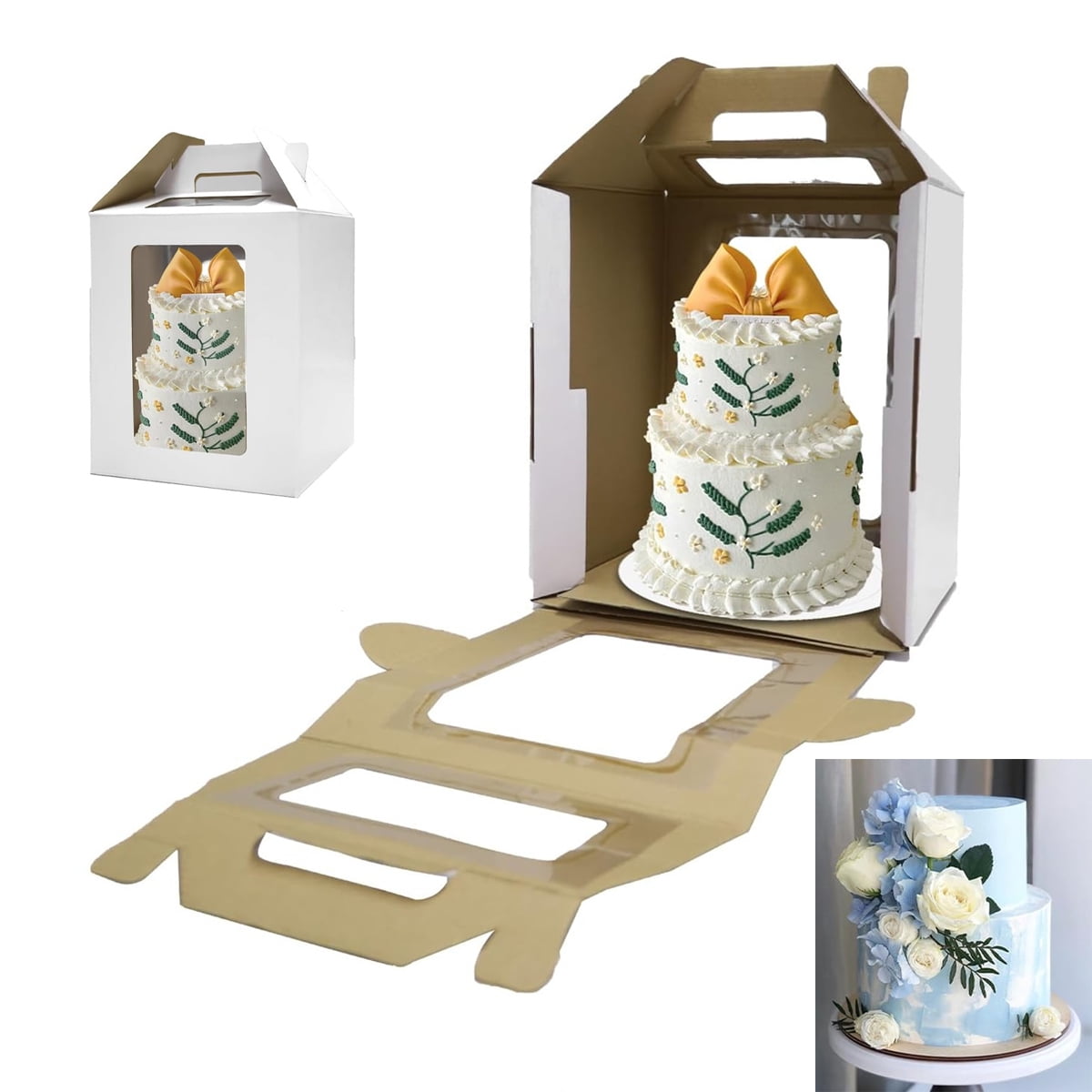Tutuviw Tall Tiered Cake Box with Clear Windows containing a multi-layer cake, showcasing its design and features.