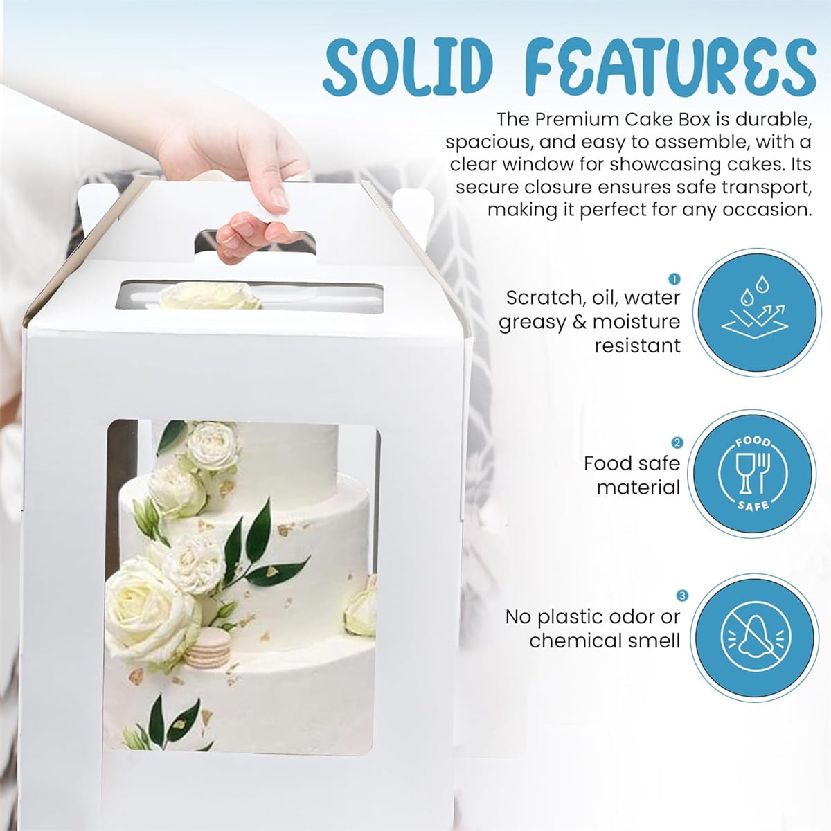 Tutuviw Tall Tiered Cake Box with Clear Windows containing a multi-layer cake, showcasing its design and features.