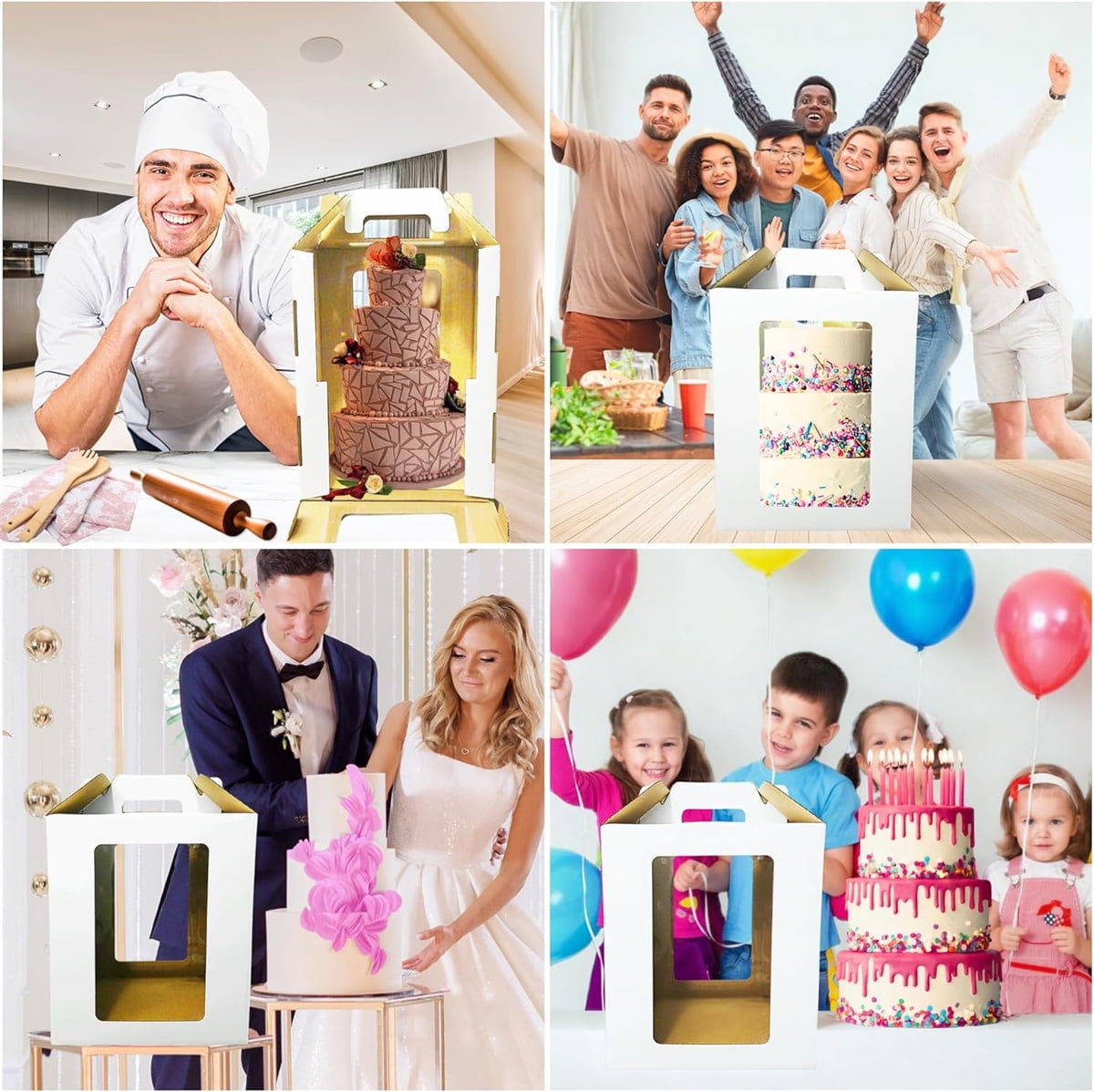 Tutuviw Tall Tiered Cake Box with Clear Windows containing a multi-layer cake, showcasing its design and features.