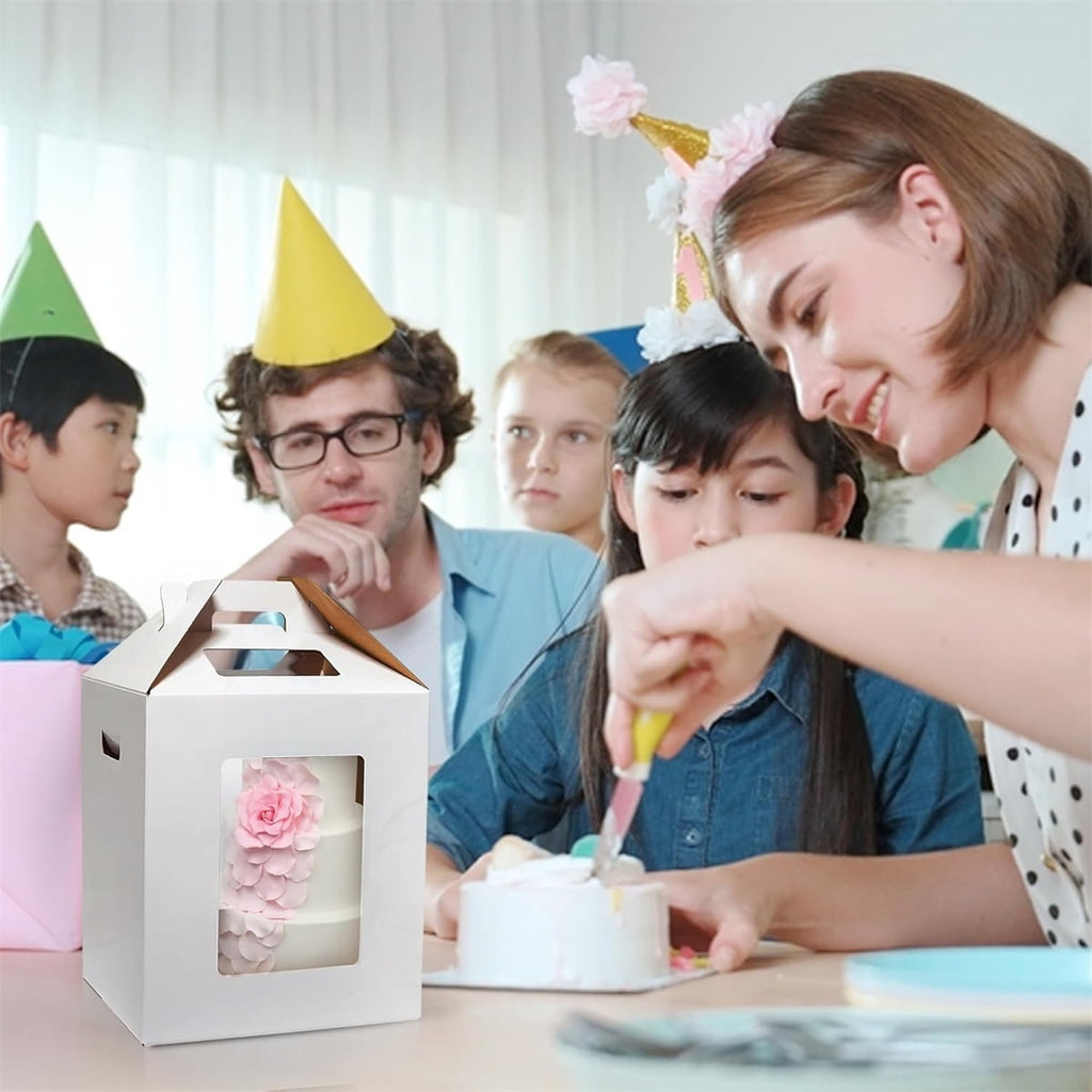 Tutuviw Tall Tiered Cake Box with Clear Windows containing a multi-layer cake, showcasing its design and features.