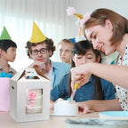 Tutuviw Tall Tiered Cake Box with Clear Windows containing a multi-layer cake, showcasing its design and features.