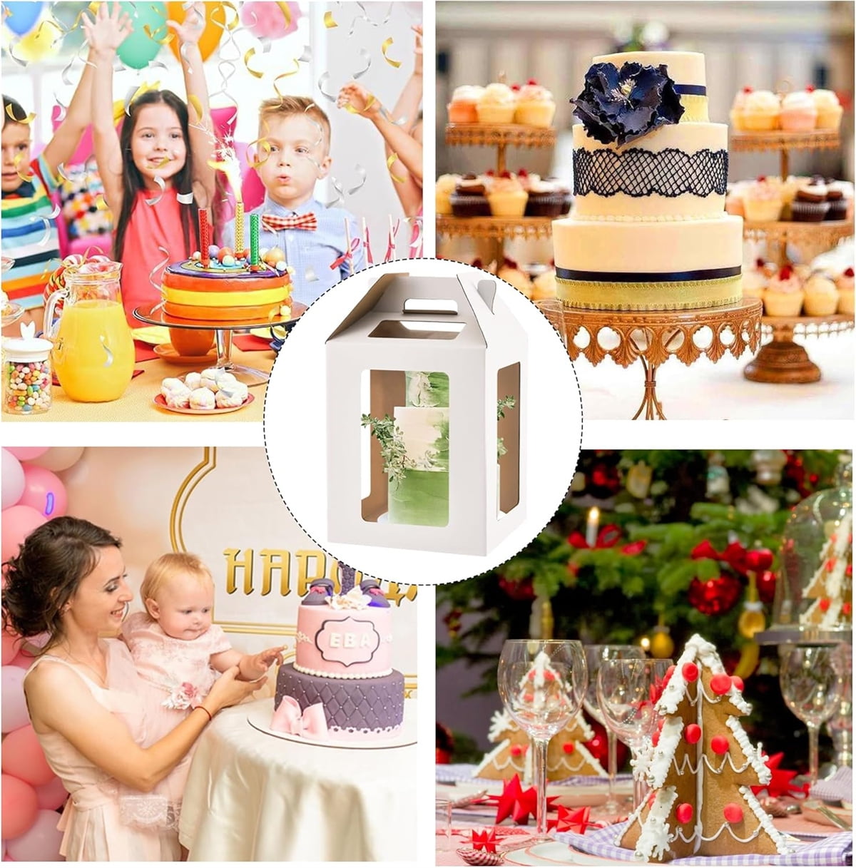 Tutuviw Tall Tiered Cake Box with Clear Windows containing a multi-layer cake, showcasing its design and features.