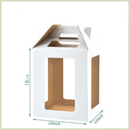 Tall tiered cake box with clear windows showcasing a beautiful 3-tier cake inside.