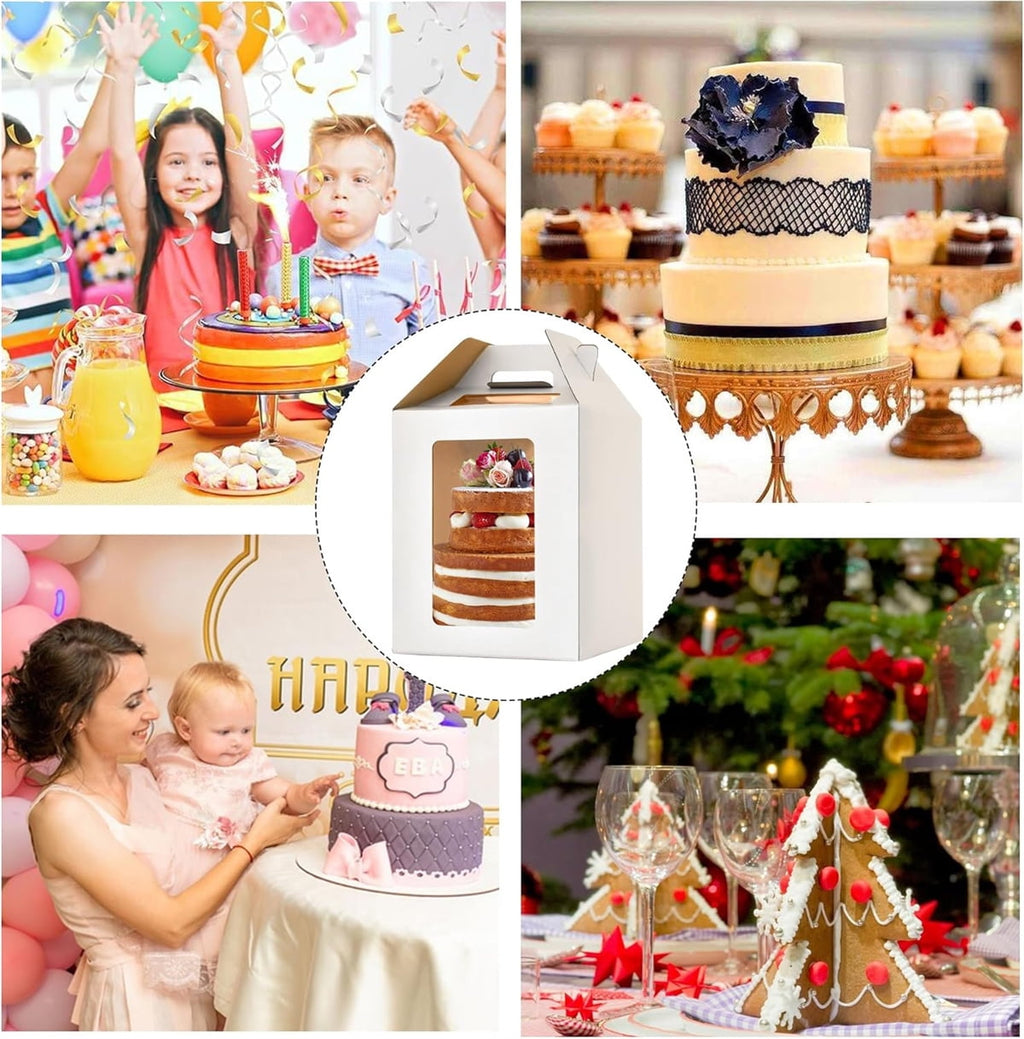 Tall tiered cake box with clear windows showcasing a beautiful 3-tier cake inside.