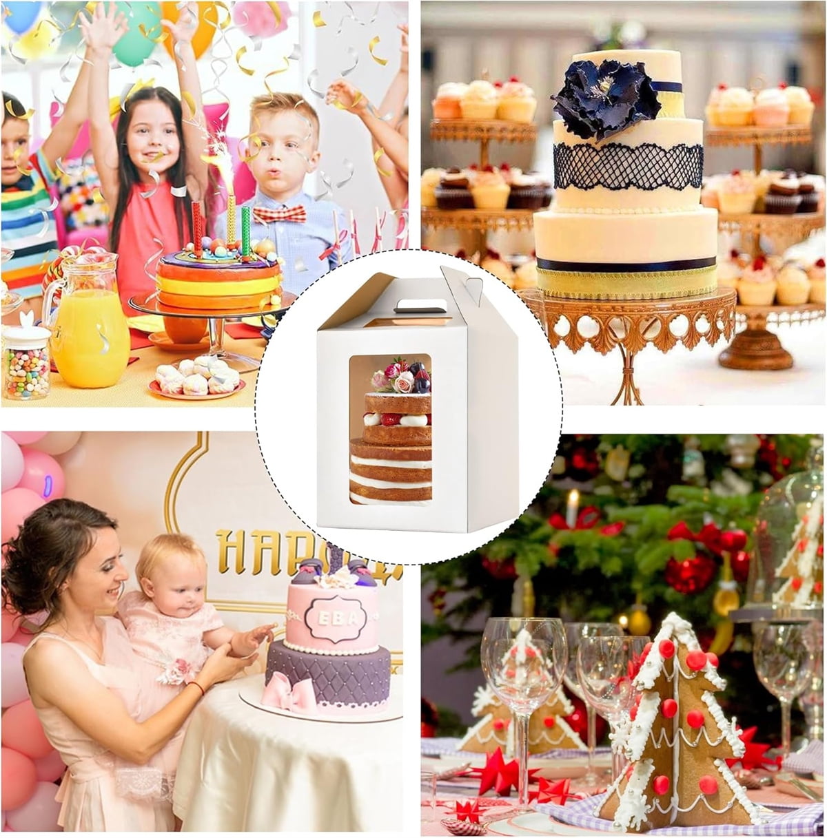 Tall tiered cake box with clear windows showcasing a beautiful 3-tier cake inside.