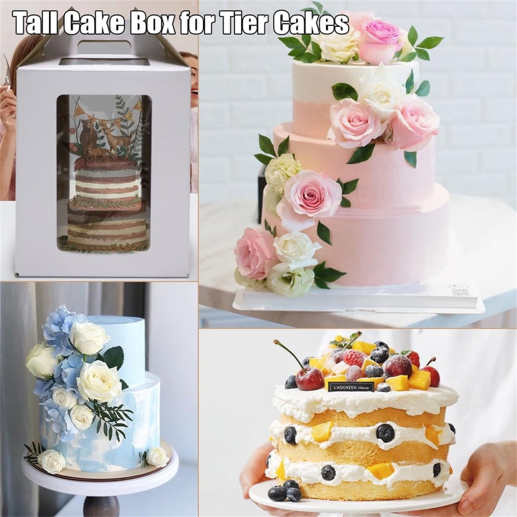 Tall tiered cake box with clear windows showcasing a beautiful 3-tier cake inside.