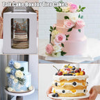 Tall tiered cake box with clear windows showcasing a beautiful 3-tier cake inside.