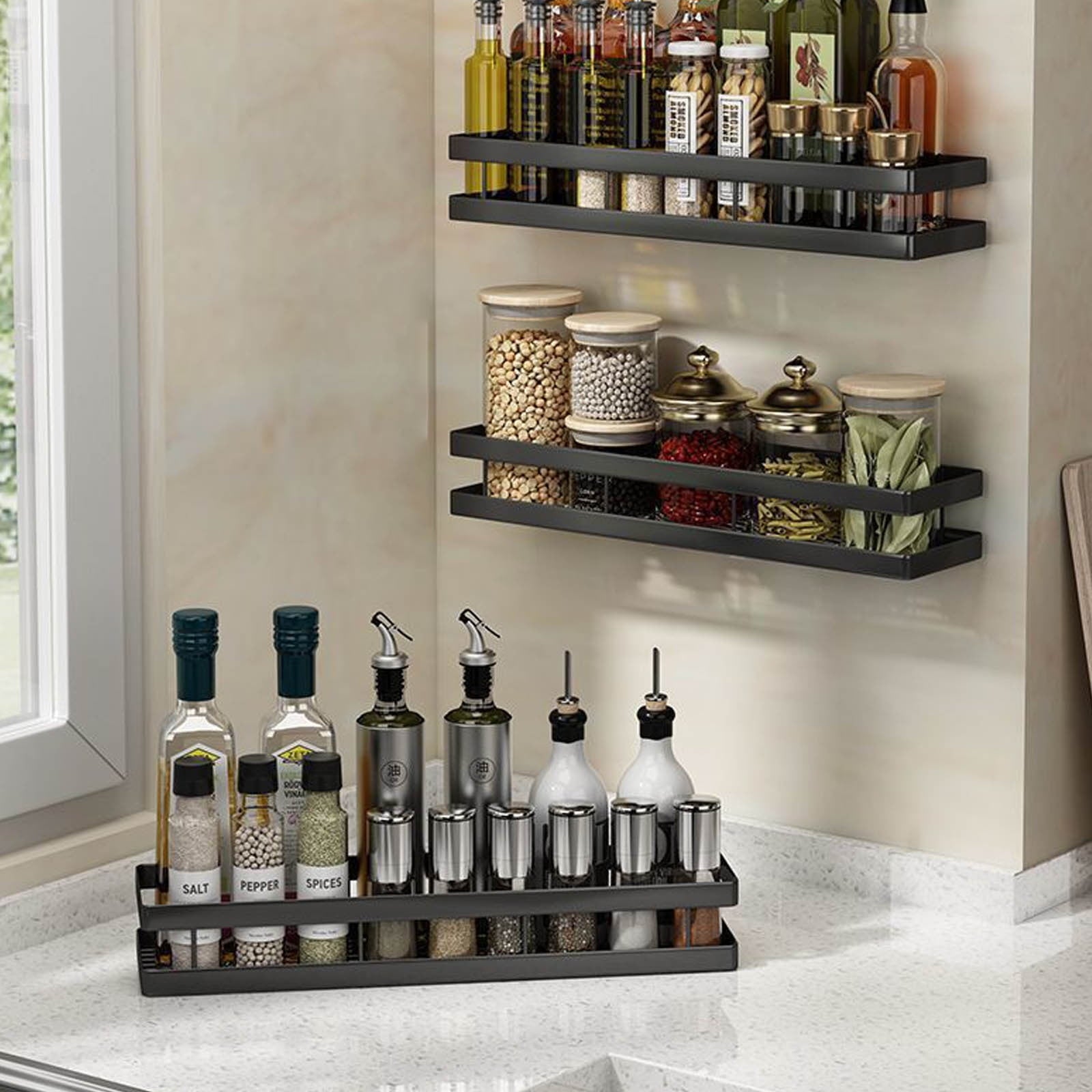 Metal Spice Rack, Wall Mount Floating Shelves, Black Storage organizer, Wall-mounted Household Spice Jars Rack, Wall Multi-function Storage Racks, for Cabinet Door, Pantry, Kitchen/Bathroom Supplies Black