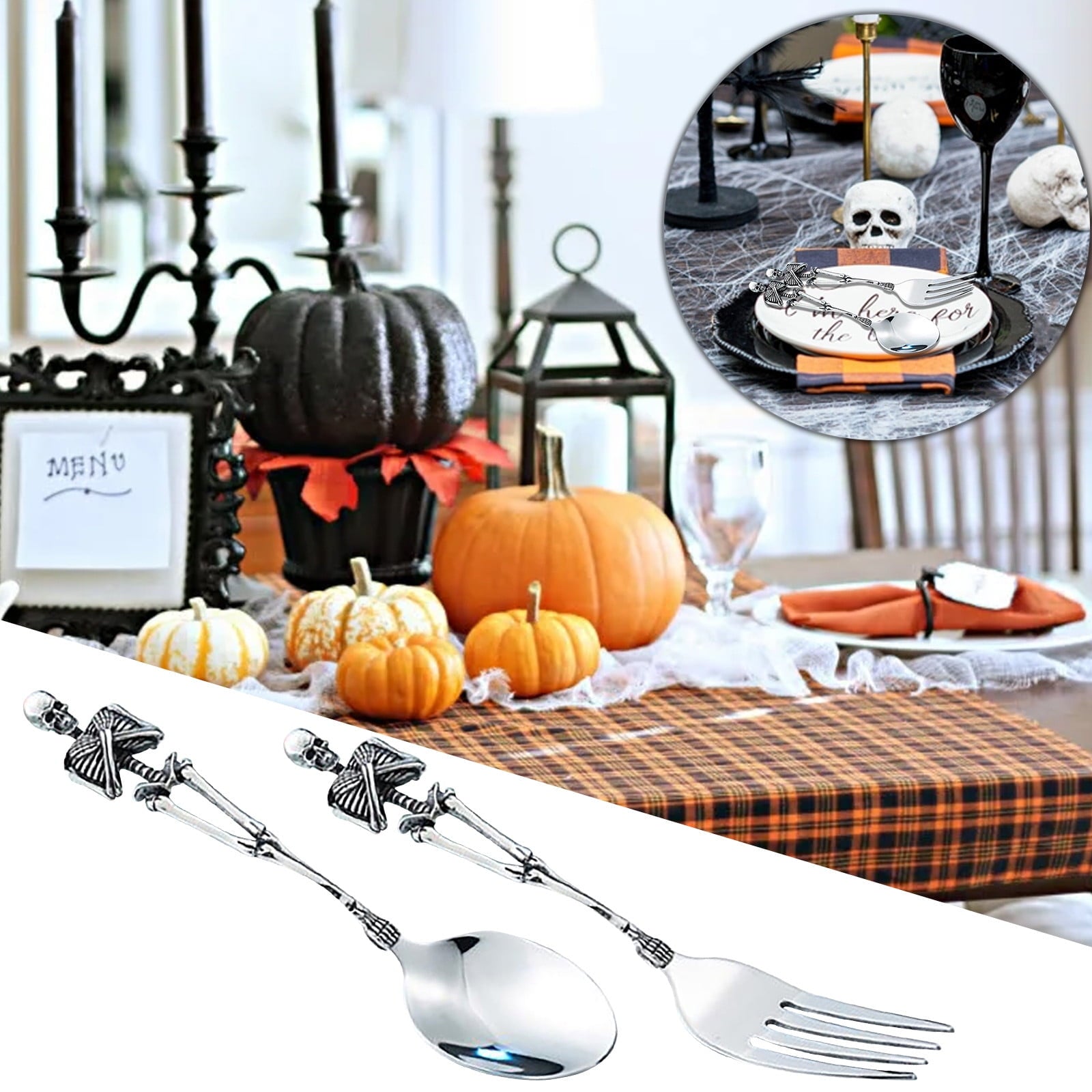 Darzheoy Stainless Steel Skeleton Skull Spoon and Fork Flatware Tableware Gifts for Halloween Easter and Christmas (Spoon) A