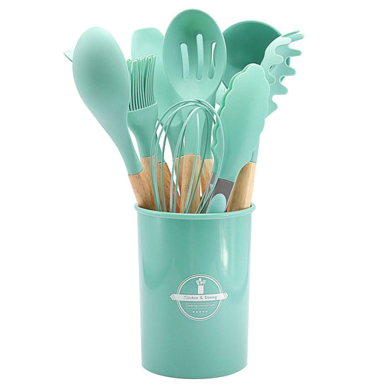 Chmadoxn 12 Pcs Silicone Cooking Kitchen Utensils Set with Holder, Wooden Handles Cooking Tool, Turner Pliers Spatula Spoon Kitchen Gadget Suit for Non-Stick Cookware, Women&