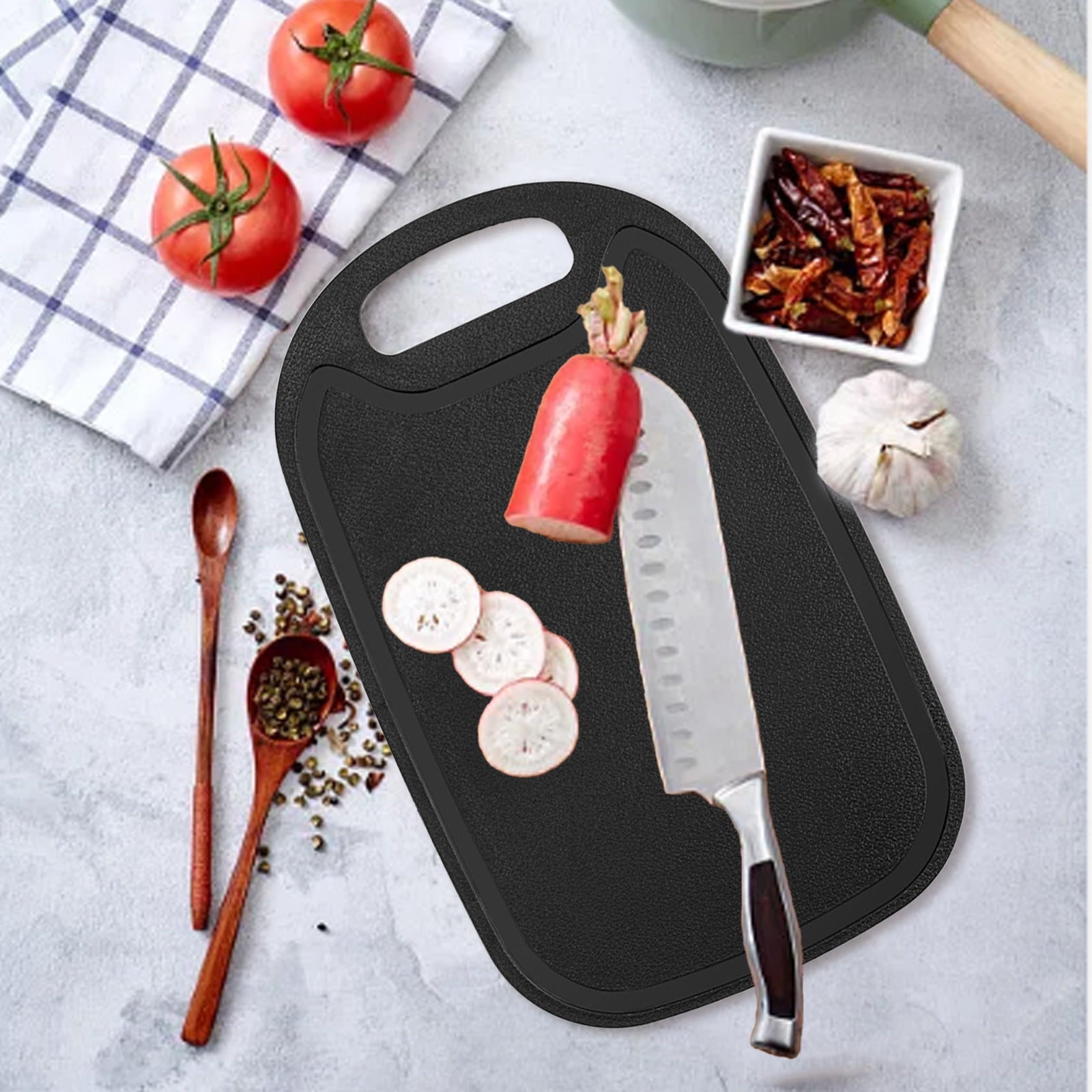 Chmadoxn Plastic Cutting Boards for Kitchen Dishwasher Safe, Double-sided Design Extra Large Cutting Board for Meat , Easy Grip Handle, Non-Slip, with Grinding Area 12.8" x 7.8" x 0.1" Black