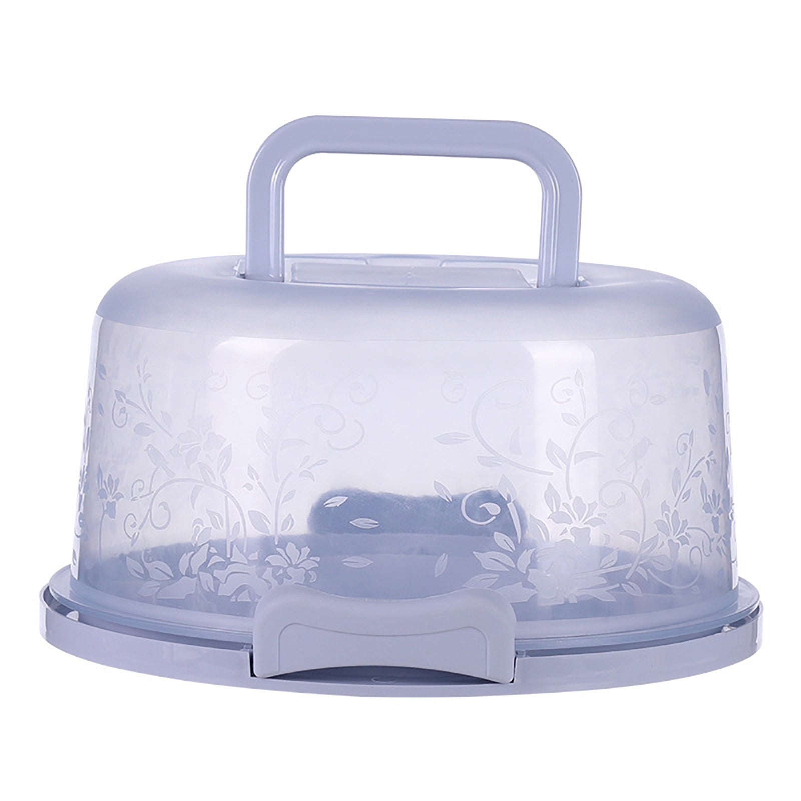 Cake Box Round Cake Stand with Lid and Foldable Handle in light purple with floral design.