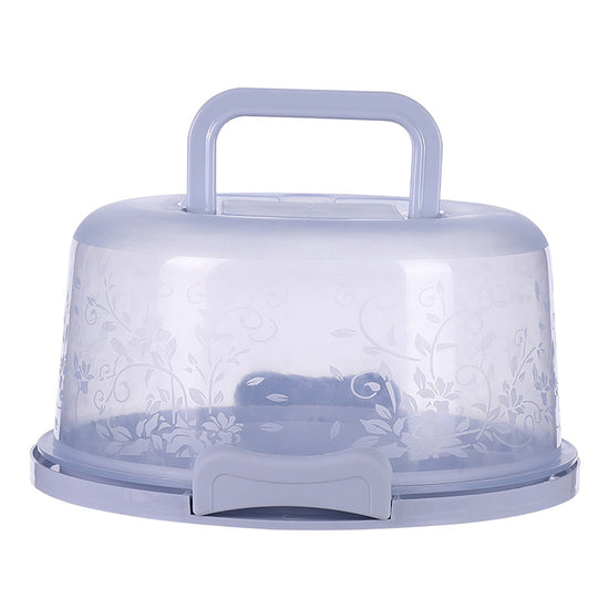 Cake Box Round Cake Stand with Lid and Foldable Handle in light purple with floral design.