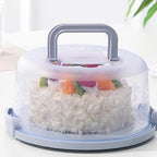 Cake Box Round Cake Stand with Lid and Foldable Handle in light purple with floral design.