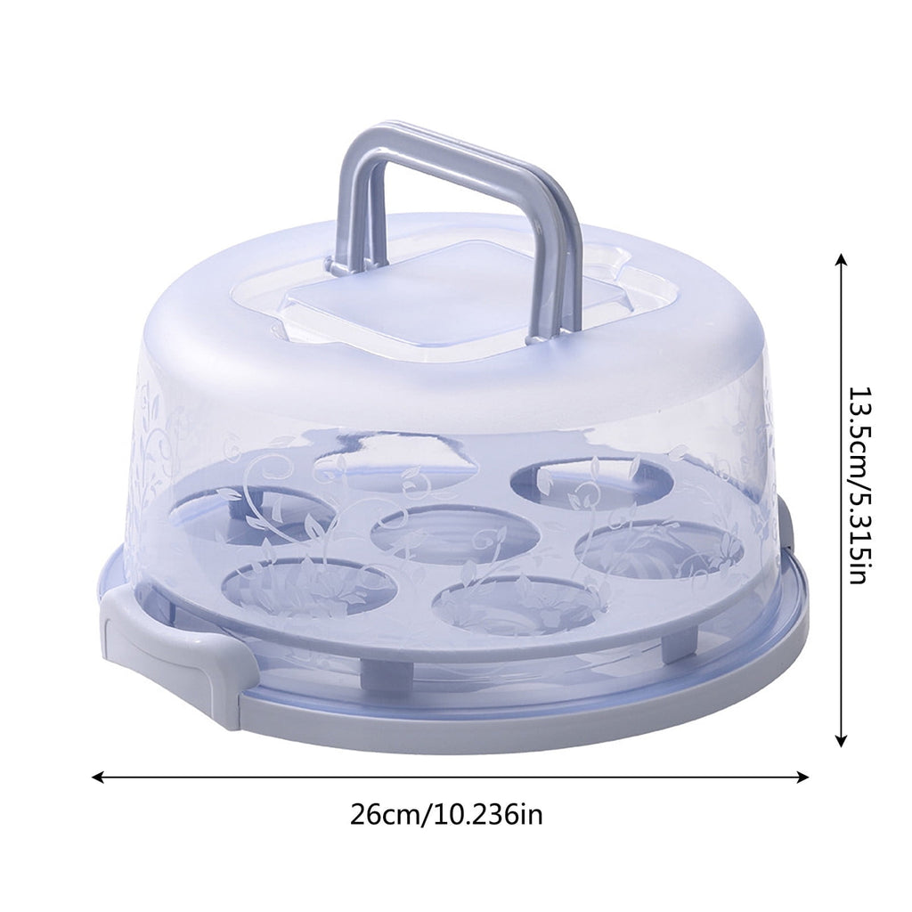 Cake Box Round Cake Stand with Lid and Foldable Handle in light purple with floral design.