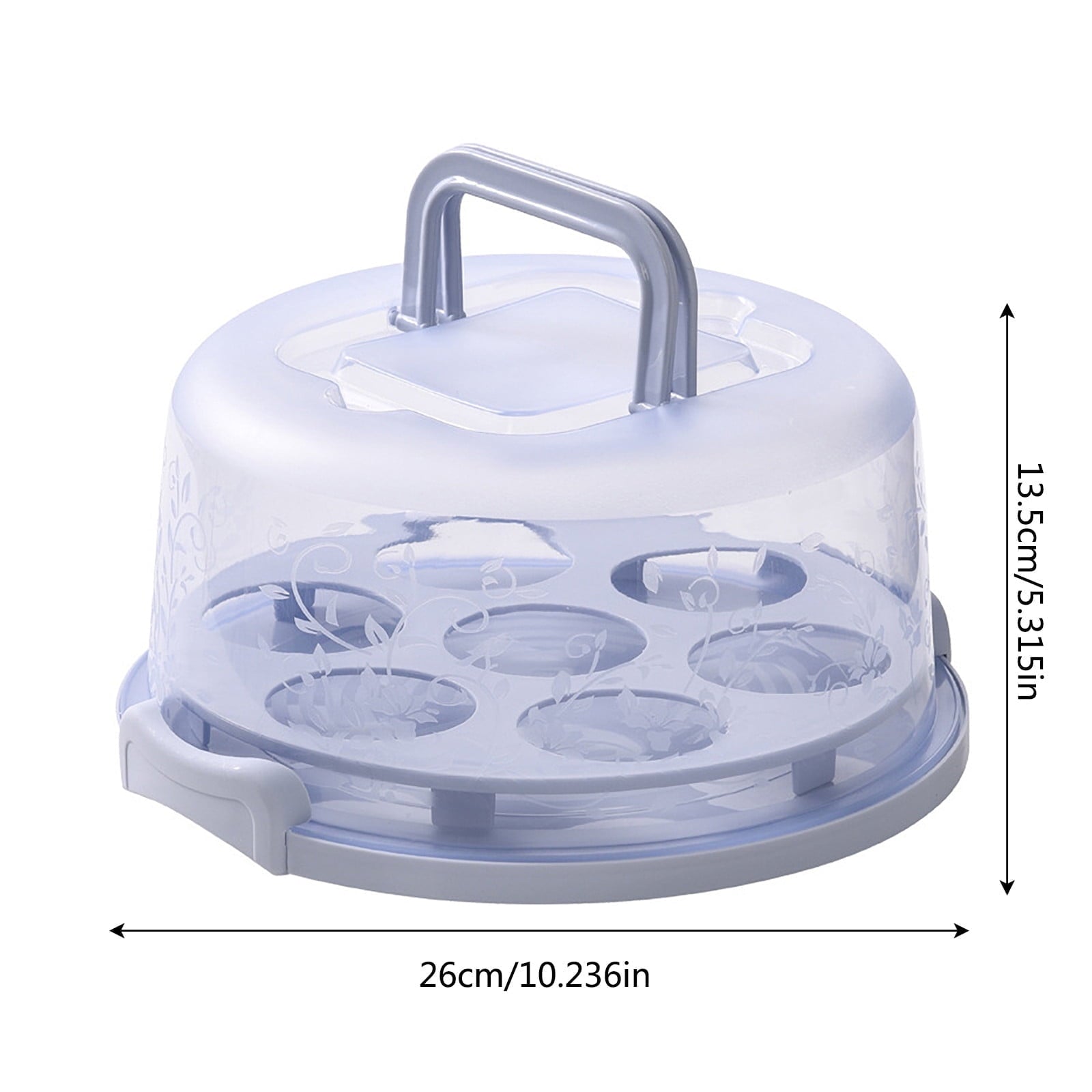 Cake Box Round Cake Stand with Lid and Foldable Handle in light purple with floral design.