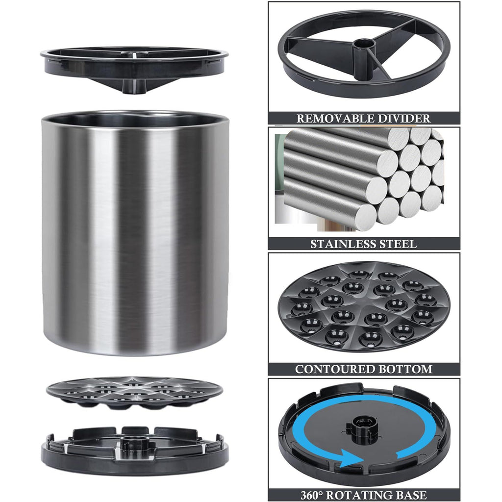 Kitchen Utensil Holder Extra Large 360°Rotating For Counter Organizer Stainless Steel Storage Cooking Silverware Caddy 3 Compartment Flatware Spoon Spatula Tool Cutlery Container（Silvery）18*8.6*13cm