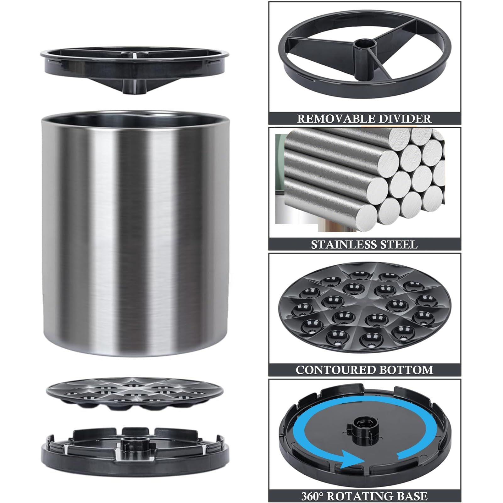 Kitchen Utensil Holder Extra Large 360°Rotating For Counter Organizer Stainless Steel Storage Cooking Silverware Caddy 3 Compartment Flatware Spoon Spatula Tool Cutlery Container（Silvery）18*8.6*13cm