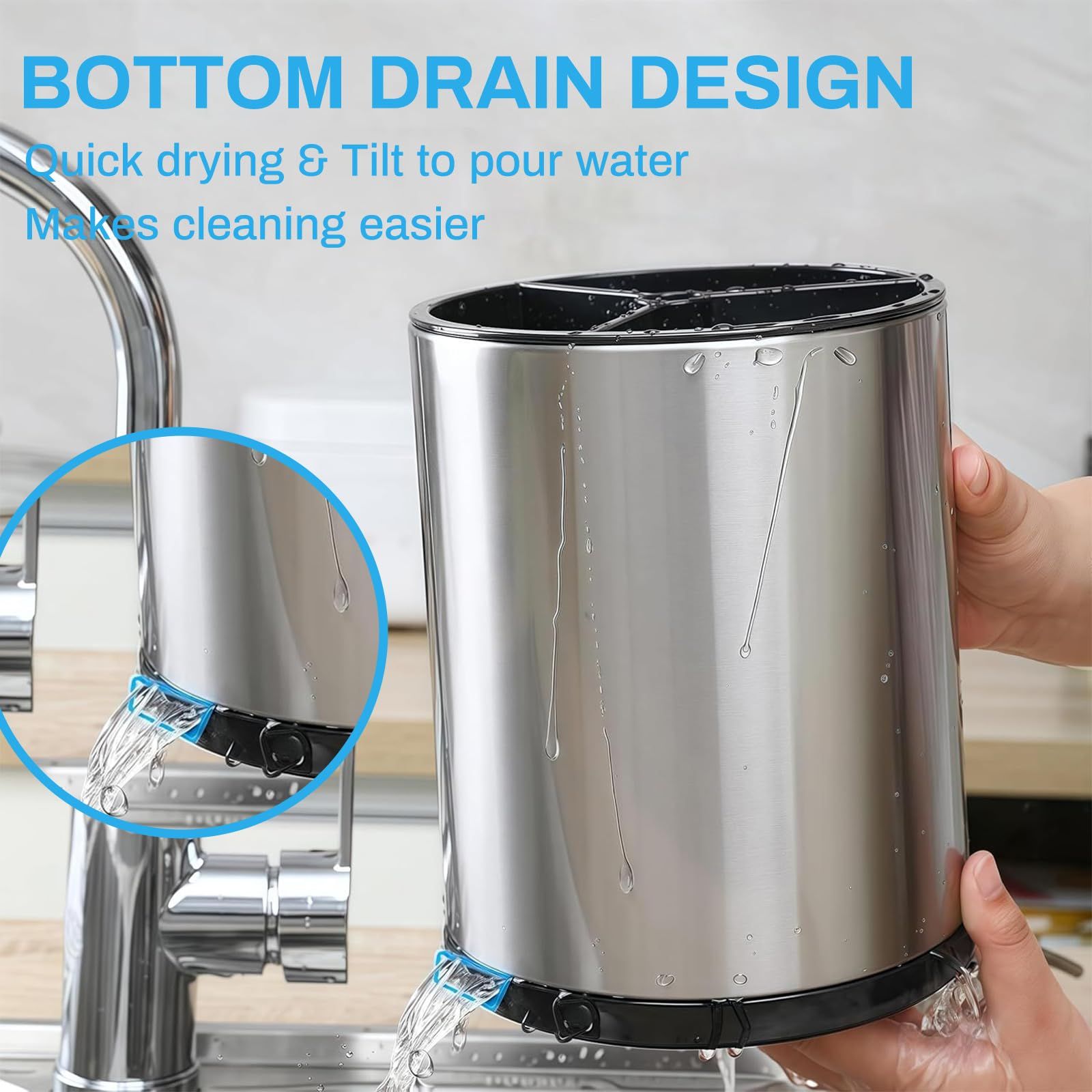 Kitchen Utensil Holder Extra Large 360°Rotating For Counter Organizer Stainless Steel Storage Cooking Silverware Caddy 3 Compartment Flatware Spoon Spatula Tool Cutlery Container（Silvery）18*8.6*13cm