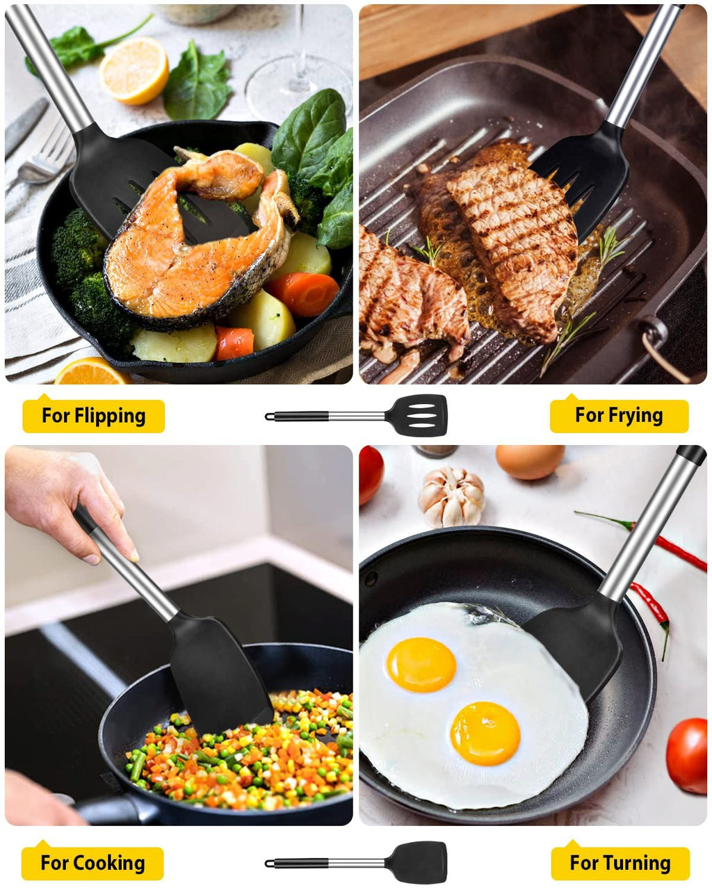 Pack of 2 Silicone Solid , Non Stick Slotted Kitchen Spatulas, High Heat Resistant BPA Free Cooking Utensils, Ideal Cookware for Fish, Eggs, Pancakes(Black)