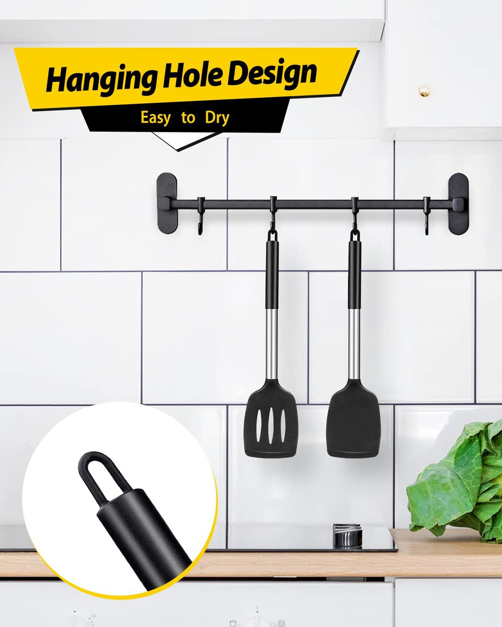 Pack of 2 Silicone Solid , Non Stick Slotted Kitchen Spatulas, High Heat Resistant BPA Free Cooking Utensils, Ideal Cookware for Fish, Eggs, Pancakes(Black)