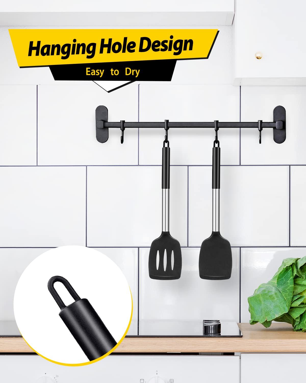 Pack of 2 Silicone Solid , Non Stick Slotted Kitchen Spatulas, High Heat Resistant BPA Free Cooking Utensils, Ideal Cookware for Fish, Eggs, Pancakes(Black)