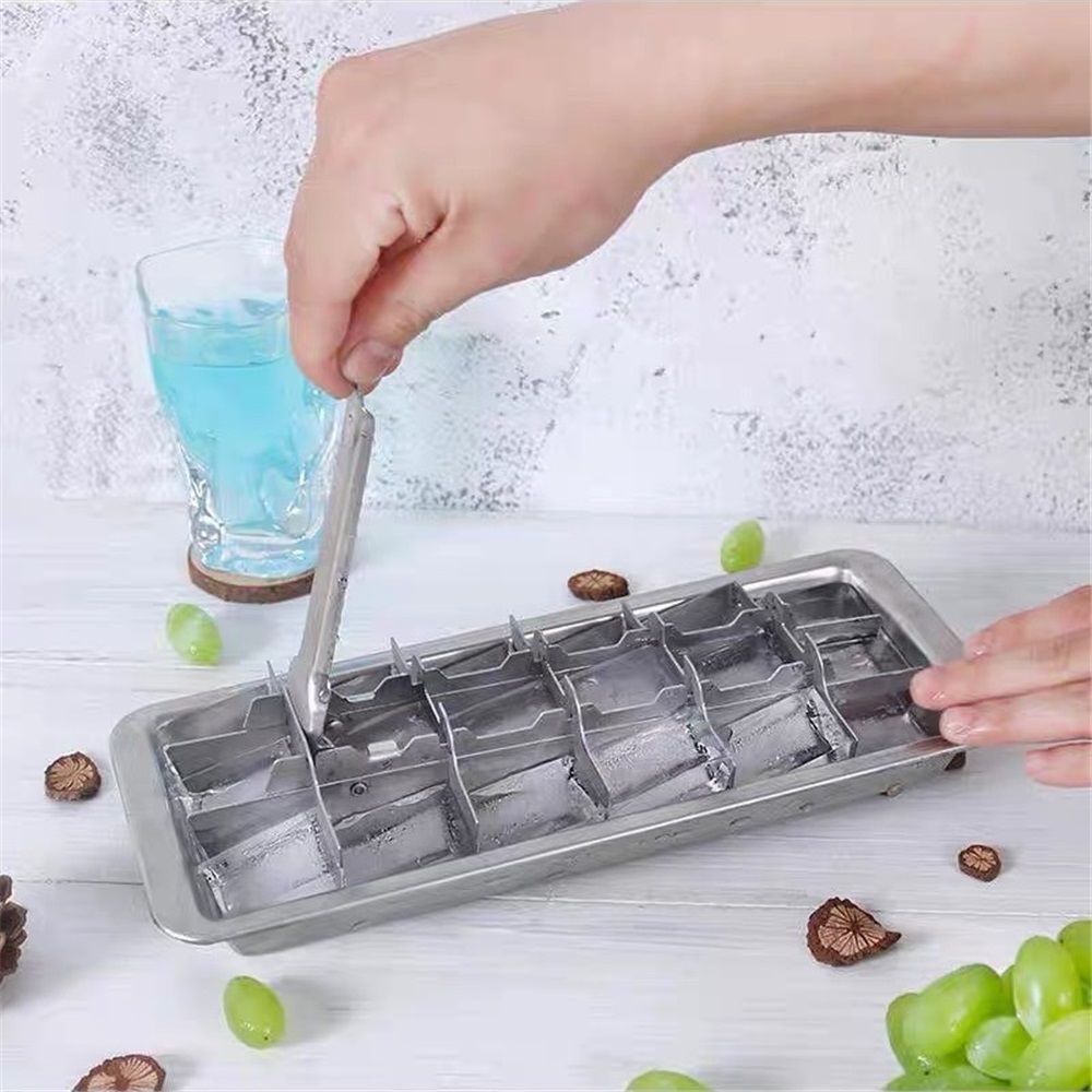 Stainless Steel Ice Cube Maker Tray,Lever Style Ice Cube Mold Quick To Making 18 Ice Cubes, Stainless Steel（silvery）