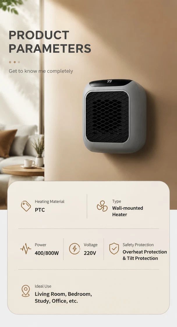 Wall Mount Mini Fan Heater Timer Portable Electric Heater Home Office