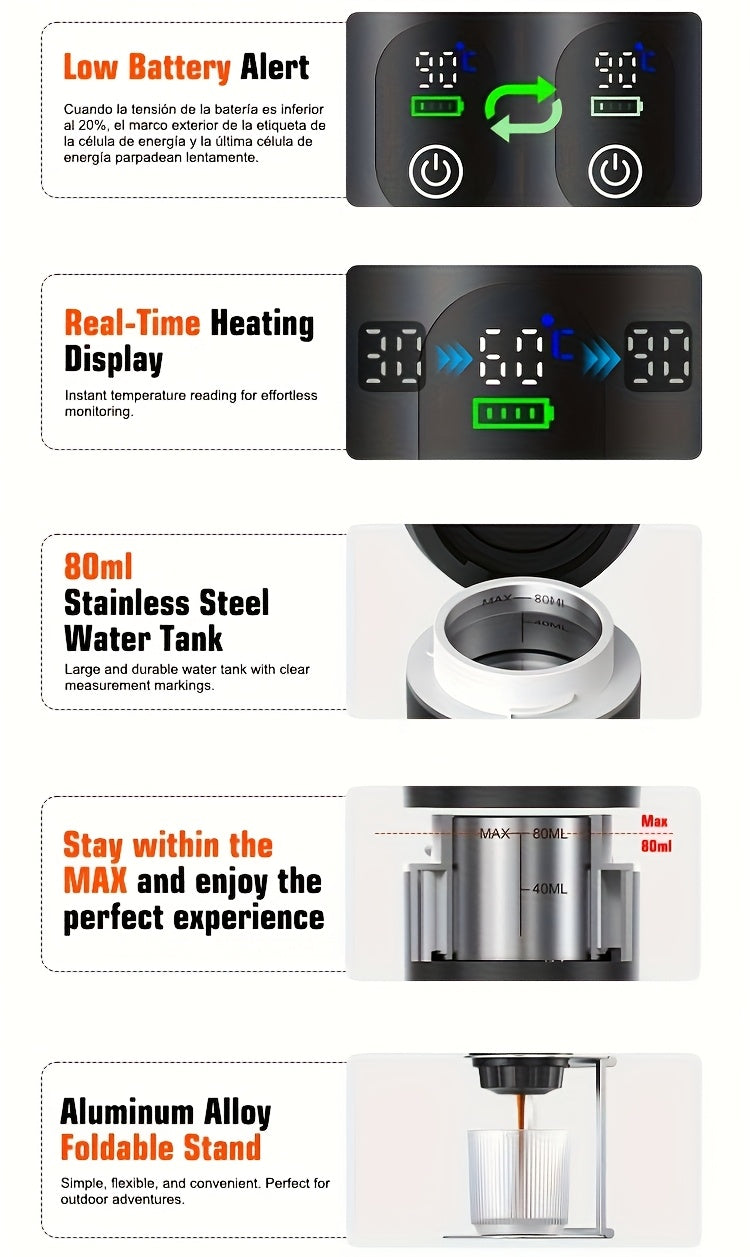 Portable 20Bar High - Pressure Extraction Coffee Machine, 80ml Stainless Steel Water Tank + Foldable Stand, Low - Battery Alert & Real - Time Temperature Control, Enjoy Barista - Quality Coffee on the Go, at Office or While Driving。black