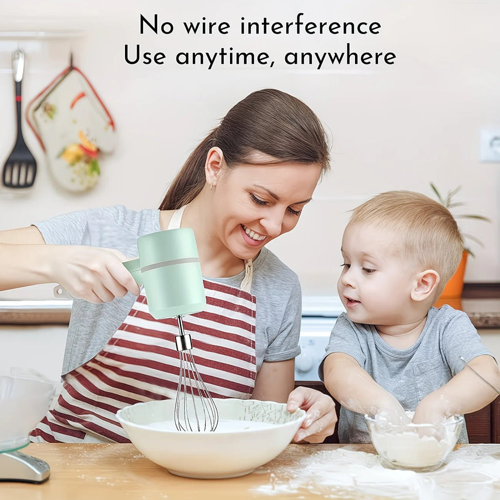 Green Wireless charging handheld mixer, 30W with three-speed settings. Dual whisk heads designed for whipping eggs, cream, and batter. Suitable for both kitchen and outdoor use, also an ideal gift.